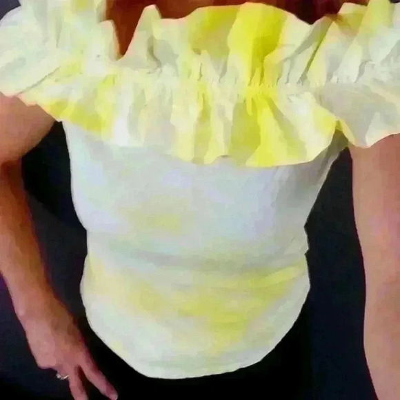 Women's White and Yellow Strapless Super Wide Shoulder Ruffle Top by Man… - Picture 1 of 11